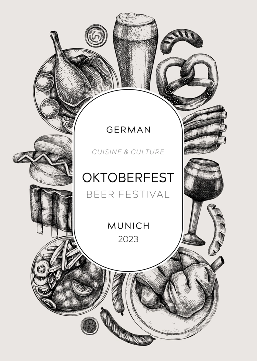 Oktoberfest wreath in collage style. German food and drinks menu design. Meat dishes sketches. German cuisine vintage frame. Traditional beer festival sketched illustration. Oktoberfest party
